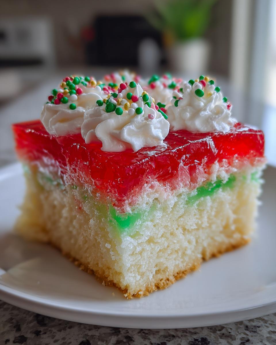 A slice of colorful christmas poke cake featuring red gelatin, green accents, whipped cream, and holiday sprinkles.