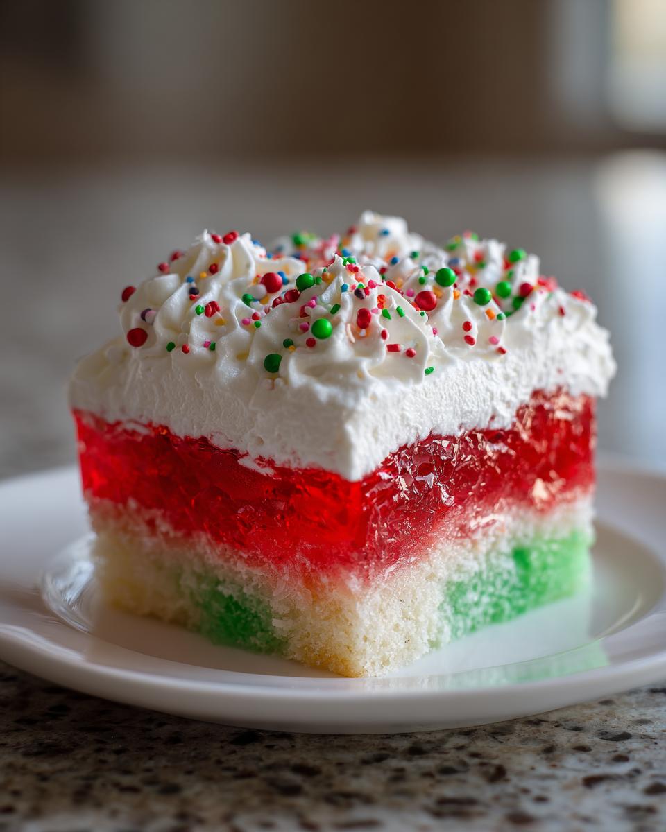 A colorful slice of christmas poke cake featuring red and green gelatin layers, topped with whipped cream and sprinkles.