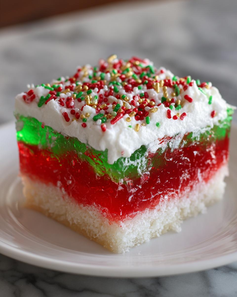 A square slice of Christmas poke cake featuring layers of red and green gelatin, white cake, whipped topping, and holiday sprinkles.