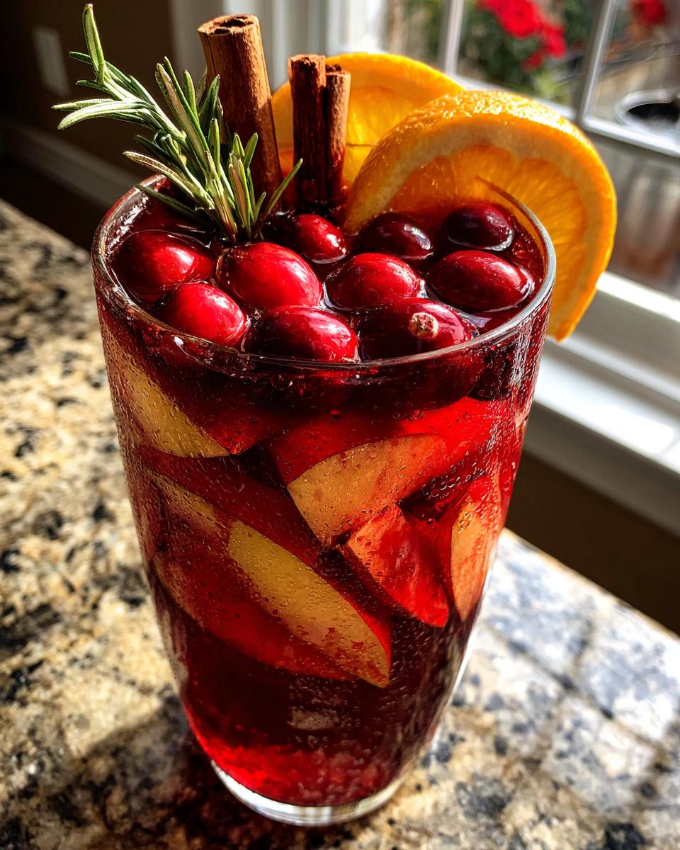 Close-up of a chilled glass filled with vibrant red Christmas sangria, loaded with cranberries, orange slices, and garnished with cinnamon sticks and rosemary.