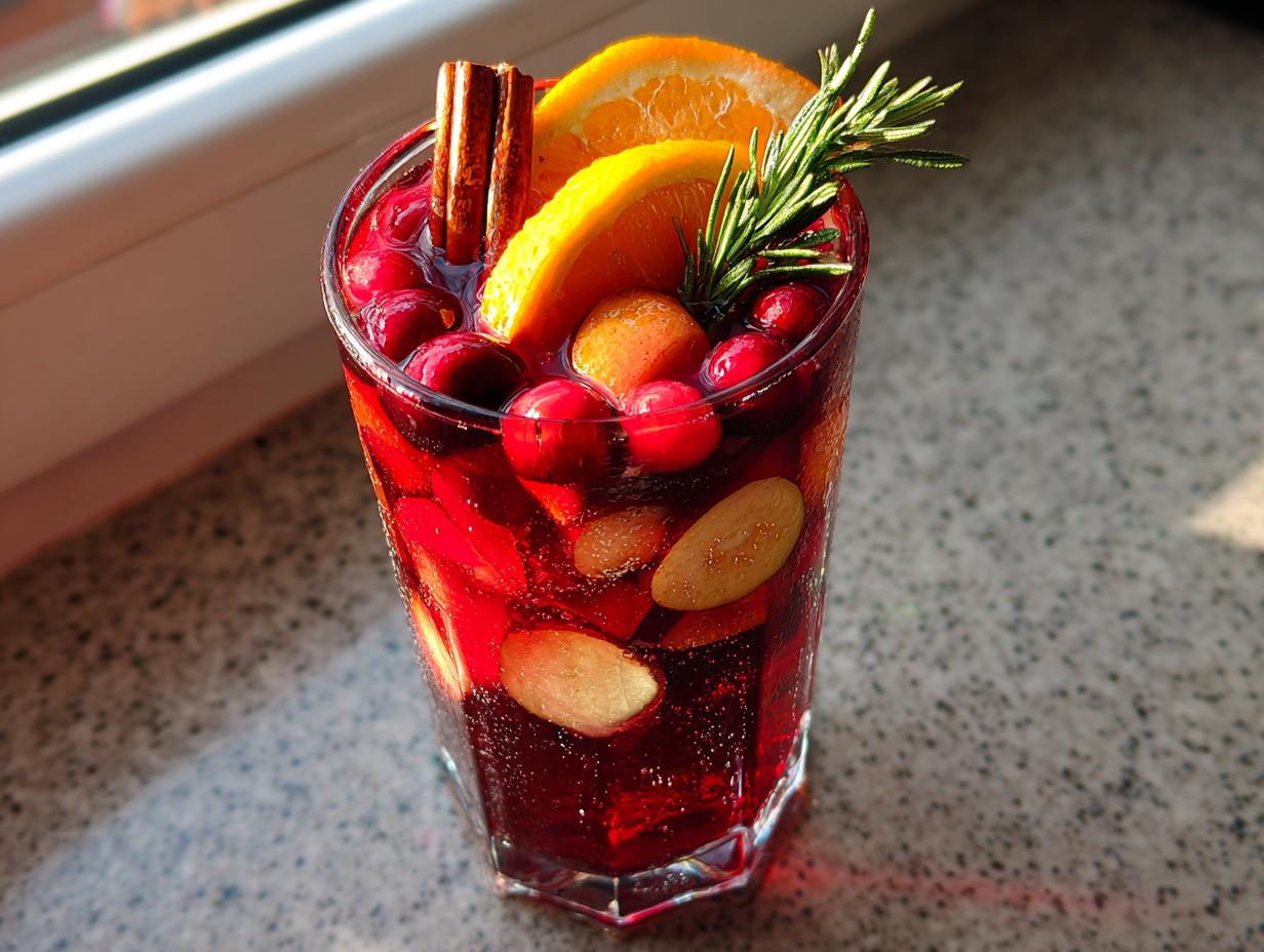 A tall glass filled with vibrant red christmas sangria, garnished with cranberries, orange slices, cinnamon sticks, and rosemary.