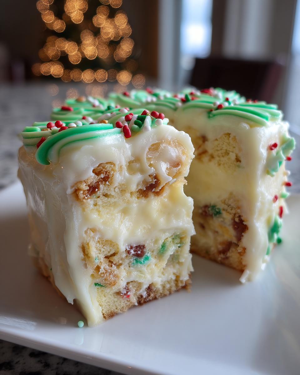 Two slices of rich christmas tree cheesecake covered in white frosting, green piping, and holiday sprinkles, with a bokeh Christmas tree in the background.