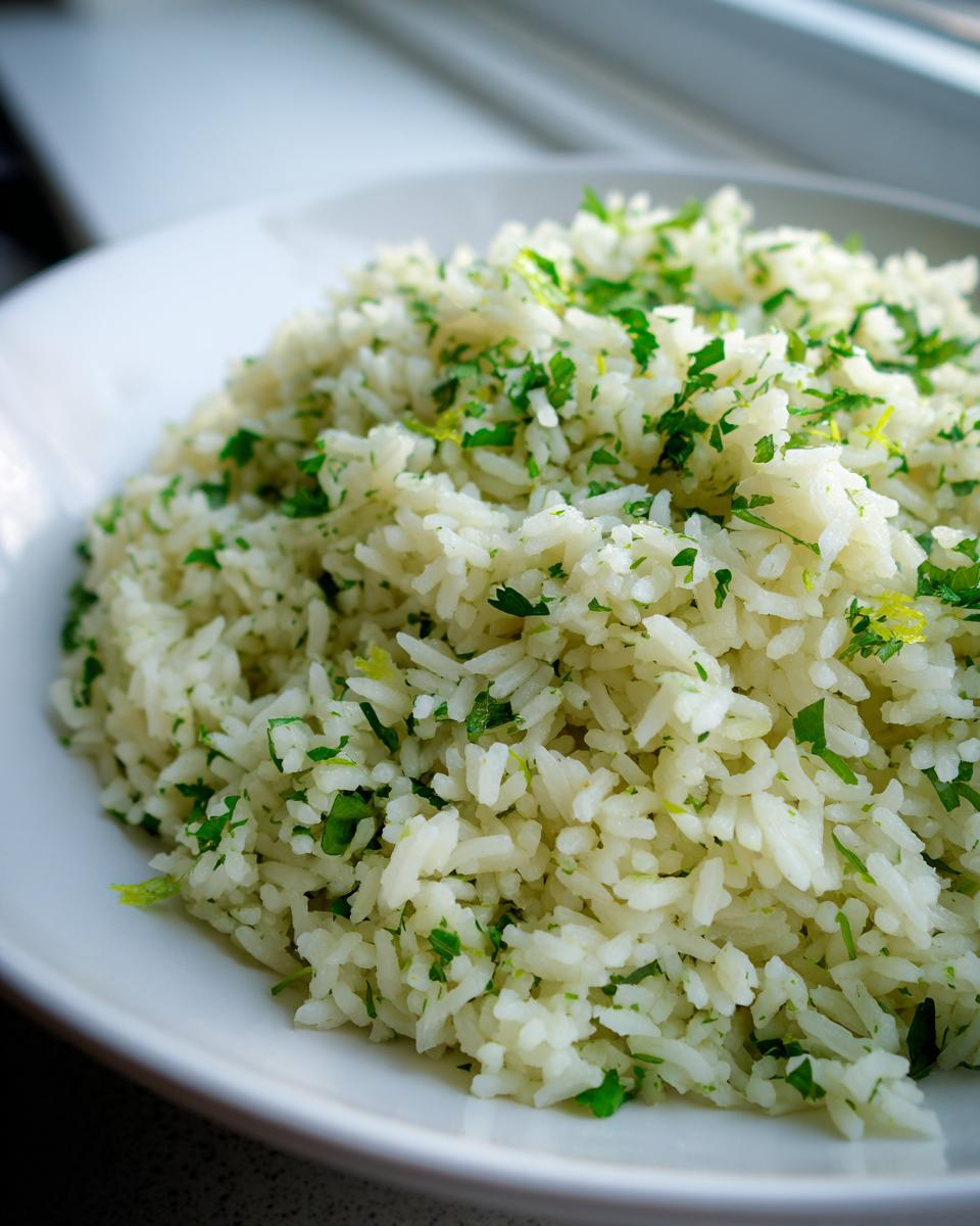 Close-up of fluffy white rice mixed with bright green chopped cilantro and lime zest, serving as cilantro lime rice.