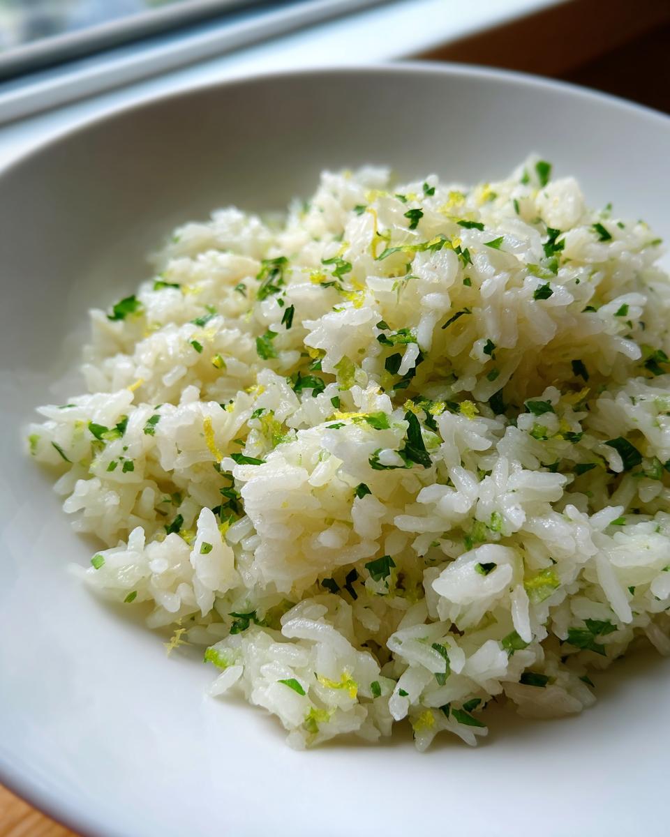 Close-up of fluffy white cilantro lime rice garnished with chopped cilantro and lime zest in a white bowl.