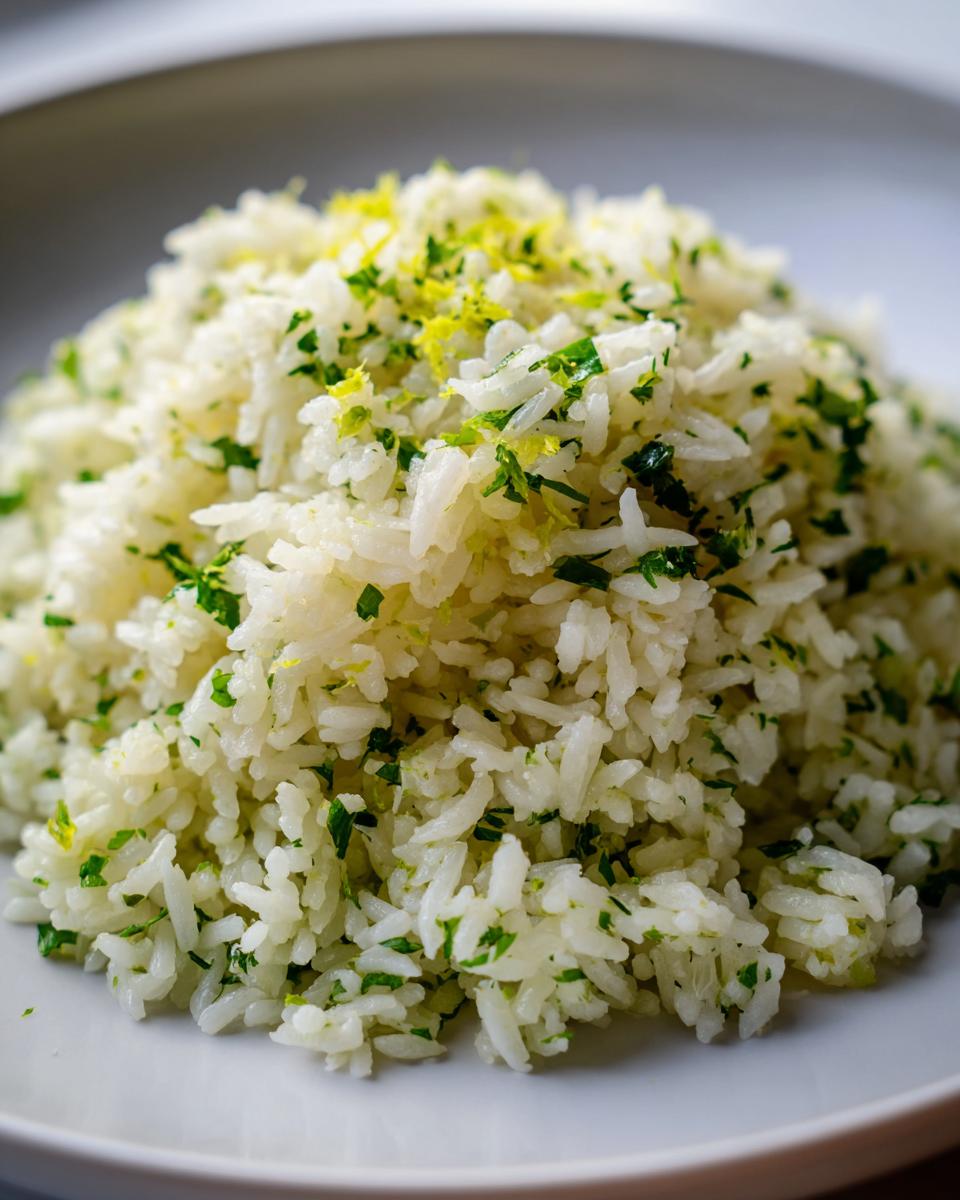 Close-up of fluffy white cilantro lime rice topped with fresh chopped cilantro and bright green lime zest.