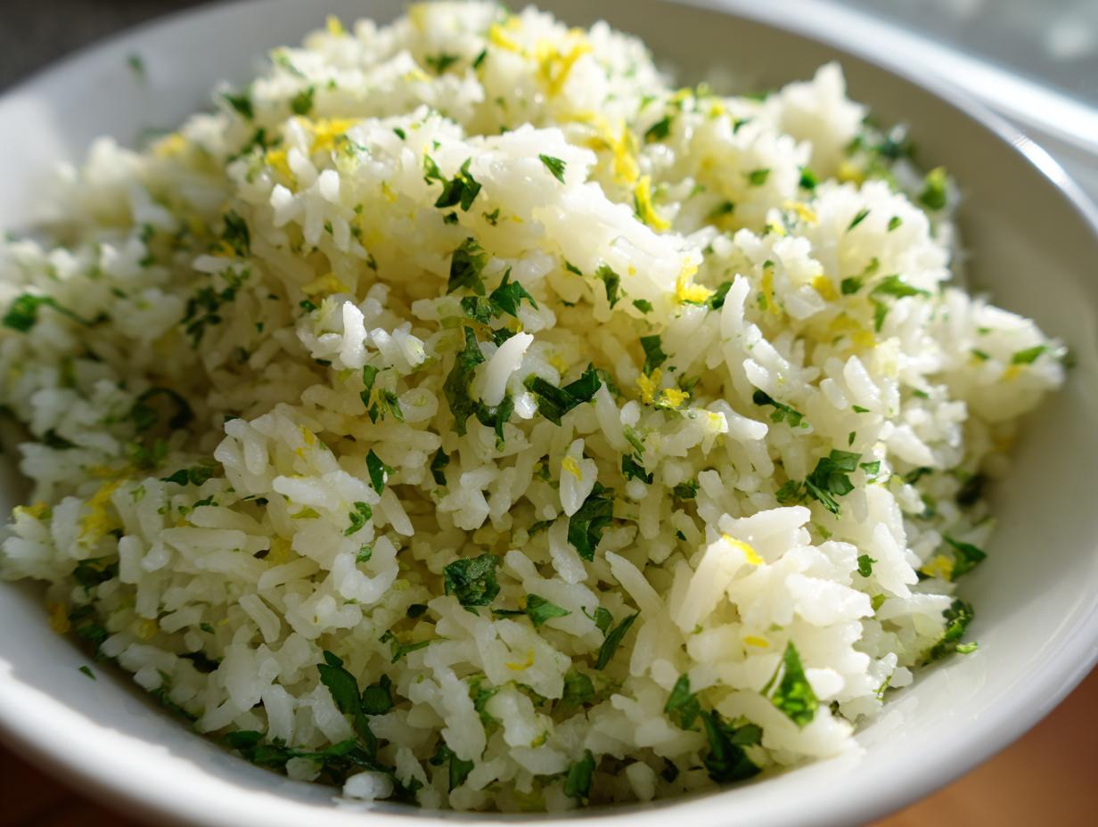 Close-up of fluffy white rice mixed with chopped cilantro and bright yellow lime zest, serving as cilantro lime rice.