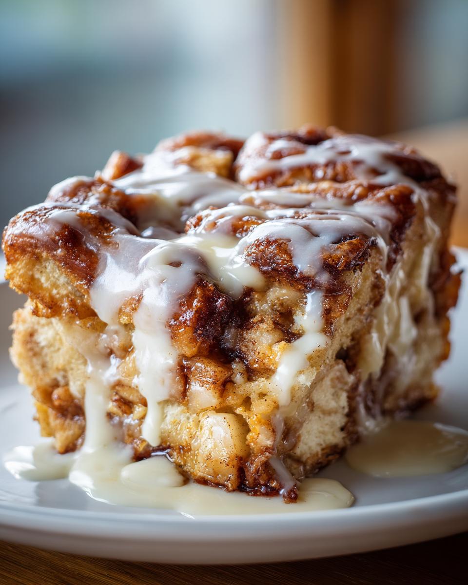 Close-up of a moist slice of cinnamon roll apple pie topped with thick white icing.