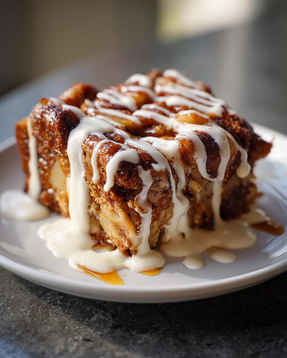 Close-up of a rich slice of cinnamon roll apple pie topped with thick white icing drizzle.