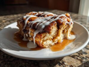A single serving of cinnamon roll apple pie topped with white icing and caramel sauce on a white plate.
