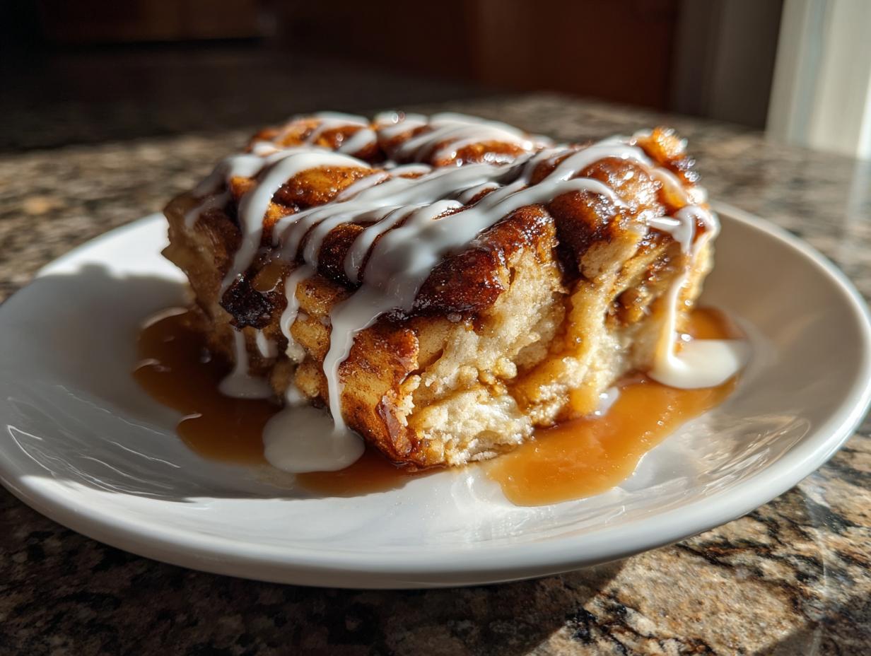 A single serving of cinnamon roll apple pie topped with white icing and caramel sauce on a white plate.