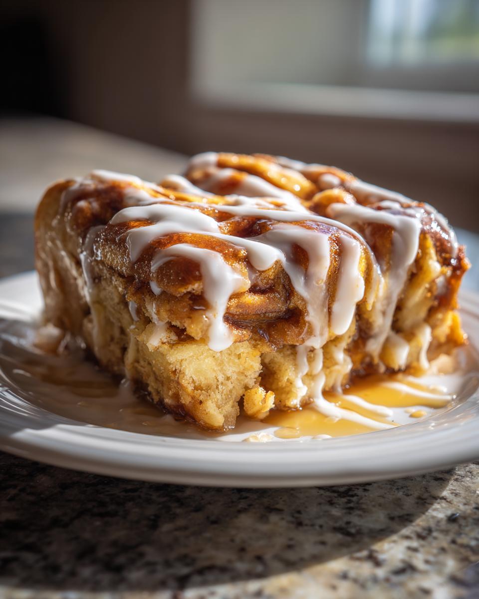 Two gooey slices of cinnamon roll apple pie topped with thick white icing and caramel sauce.