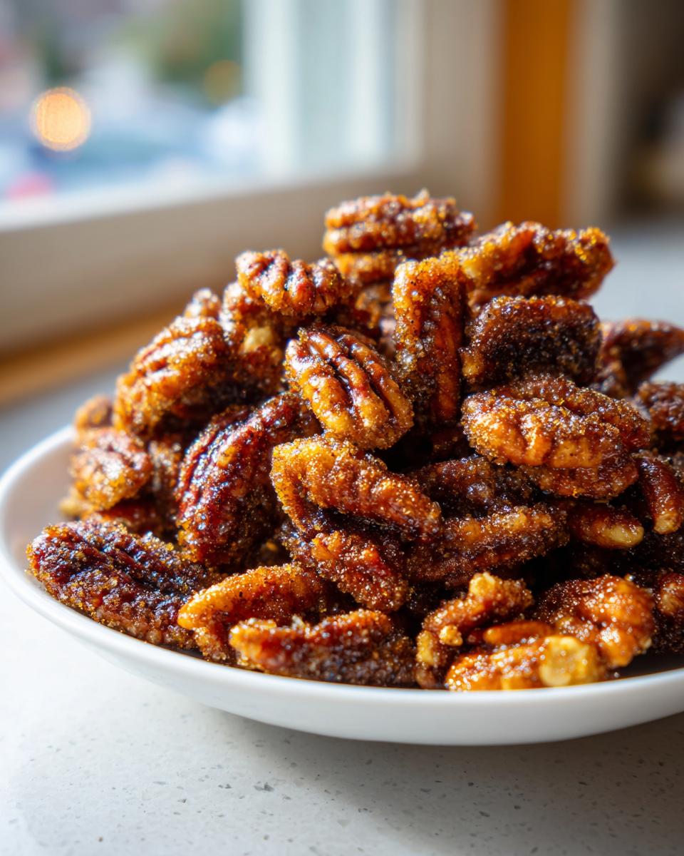 A close-up of a white bowl piled high with glistening, candied cinnamon sugar pecans.