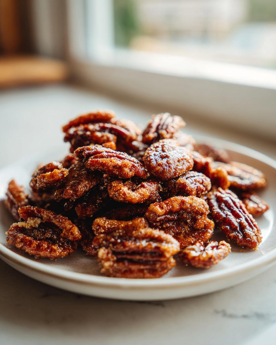 A close-up photo of a small pile of glossy, caramelized cinnamon sugar pecans served on a light-colored plate.