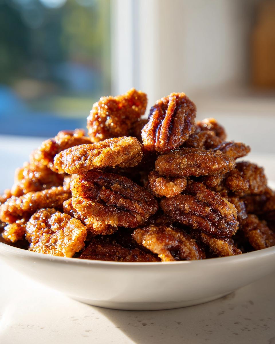 Close-up of a mound of glistening, caramelized cinnamon sugar pecans piled high in a small white bowl.