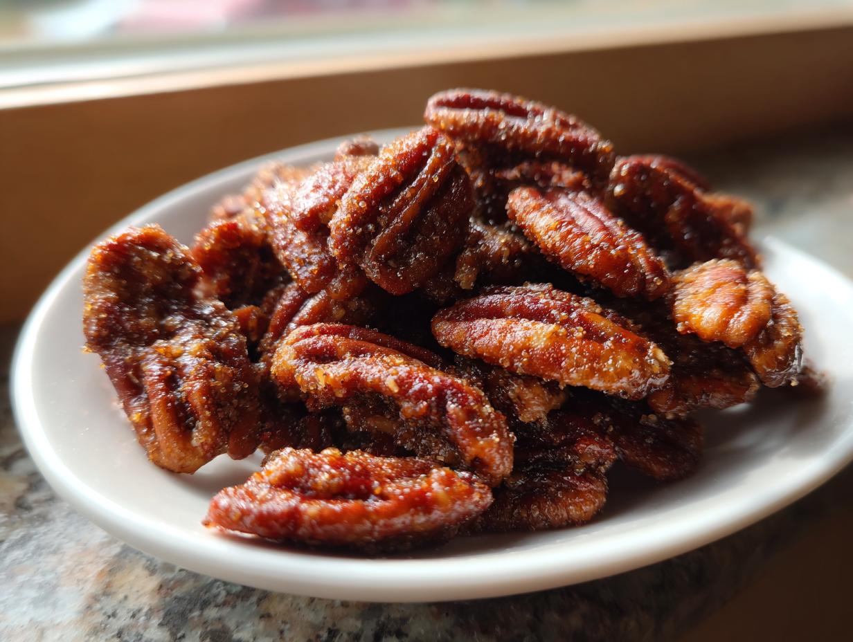 A close-up of a pile of glossy, candied cinnamon sugar pecans served on a small white dish.