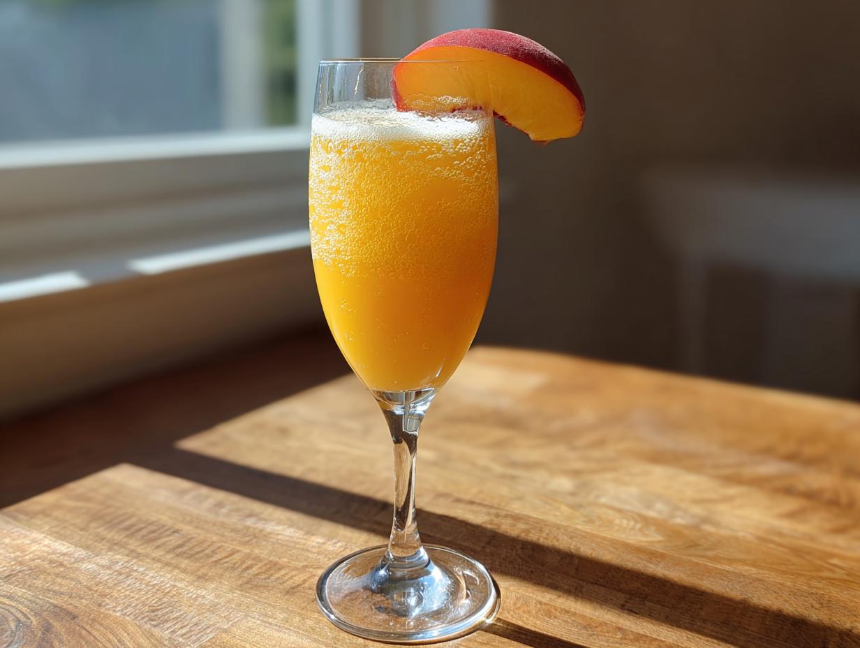 A bright orange, fizzy bellini recipe cocktail served in a champagne flute, garnished with a fresh peach slice.