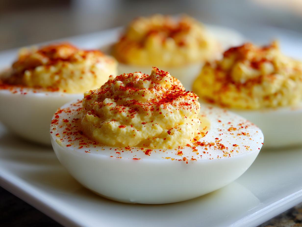 Close-up of creamy classic deviled eggs, piped high and dusted generously with bright red paprika.