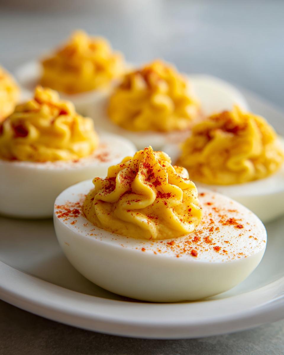 Close-up of beautifully piped filling on classic deviled eggs, garnished with paprika.