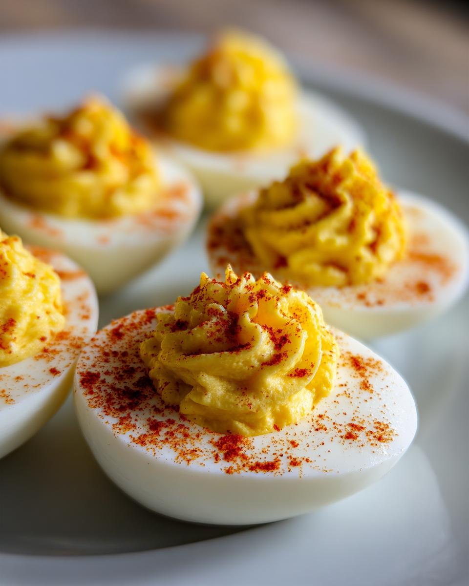 Close-up of beautifully piped classic deviled eggs garnished with a dusting of paprika on a white plate.