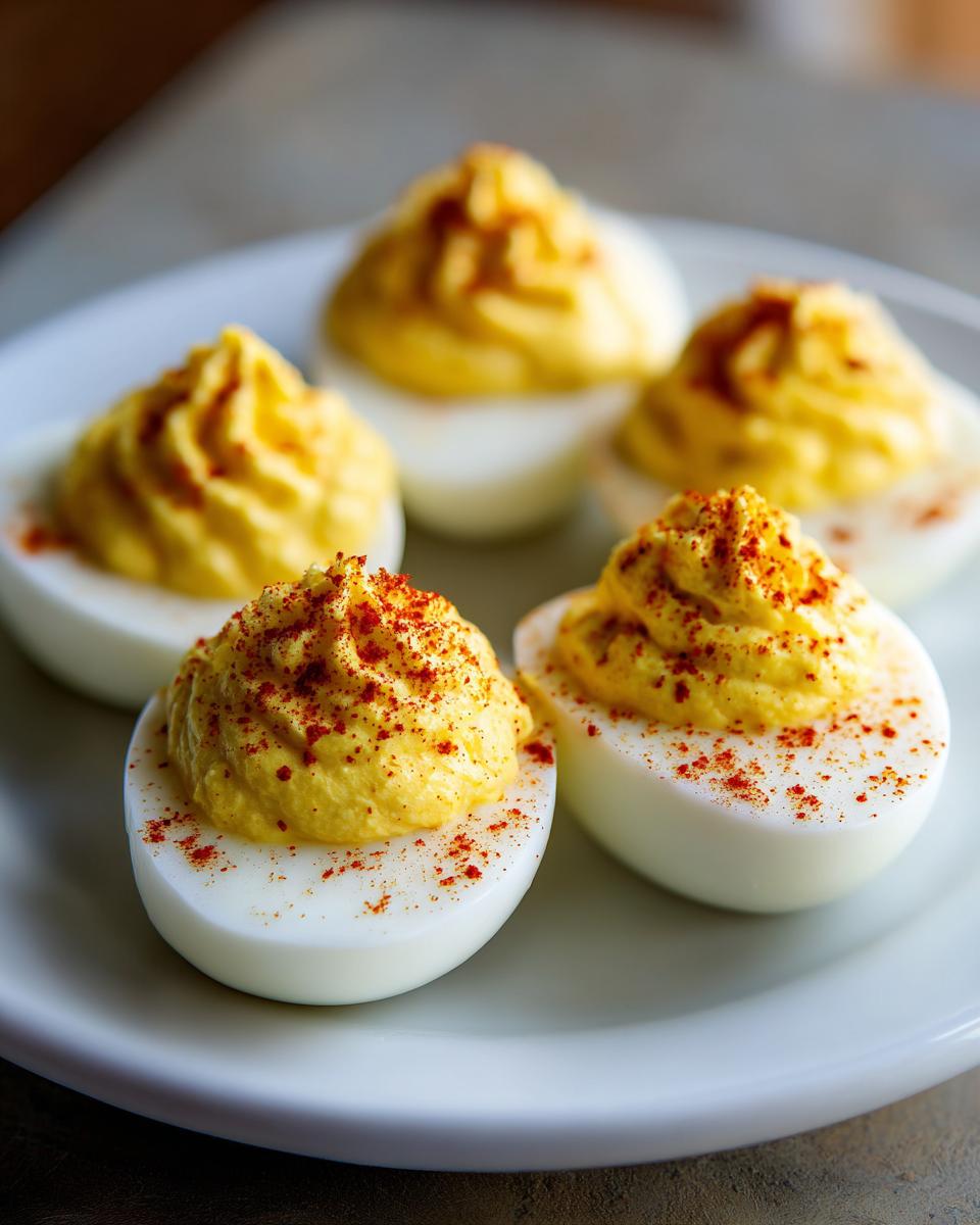 Close-up of five perfectly piped classic deviled eggs sprinkled with bright red paprika on a white plate.