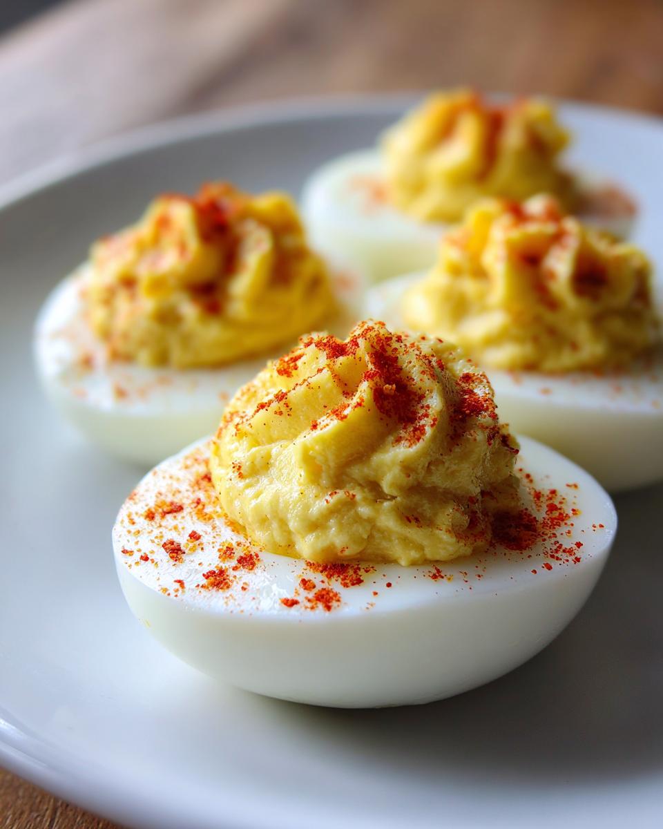 Close-up of four classic deviled eggs on a white plate, topped with piped yolk filling and sprinkled paprika.