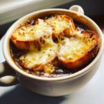 Close-up of a bowl of rich french onion soup recipe topped with toasted bread and gooey, melted Gruyère cheese.