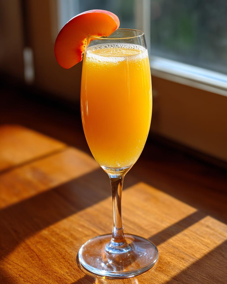 A sparkling, orange-hued bellini recipe cocktail served in a champagne flute, garnished with a fresh peach slice.