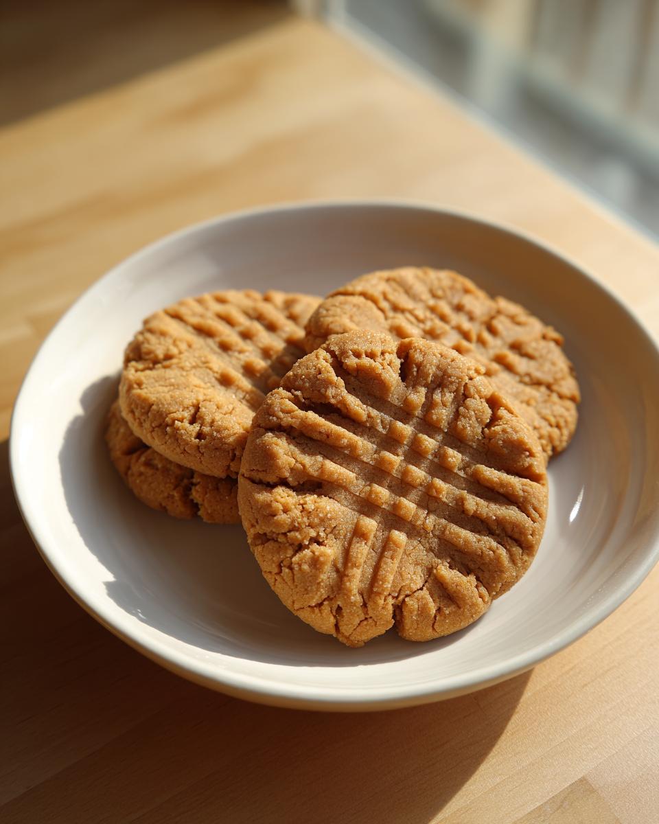 Four golden brown peanut butter cookies with classic criss-cross fork marks stacked on a light plate.