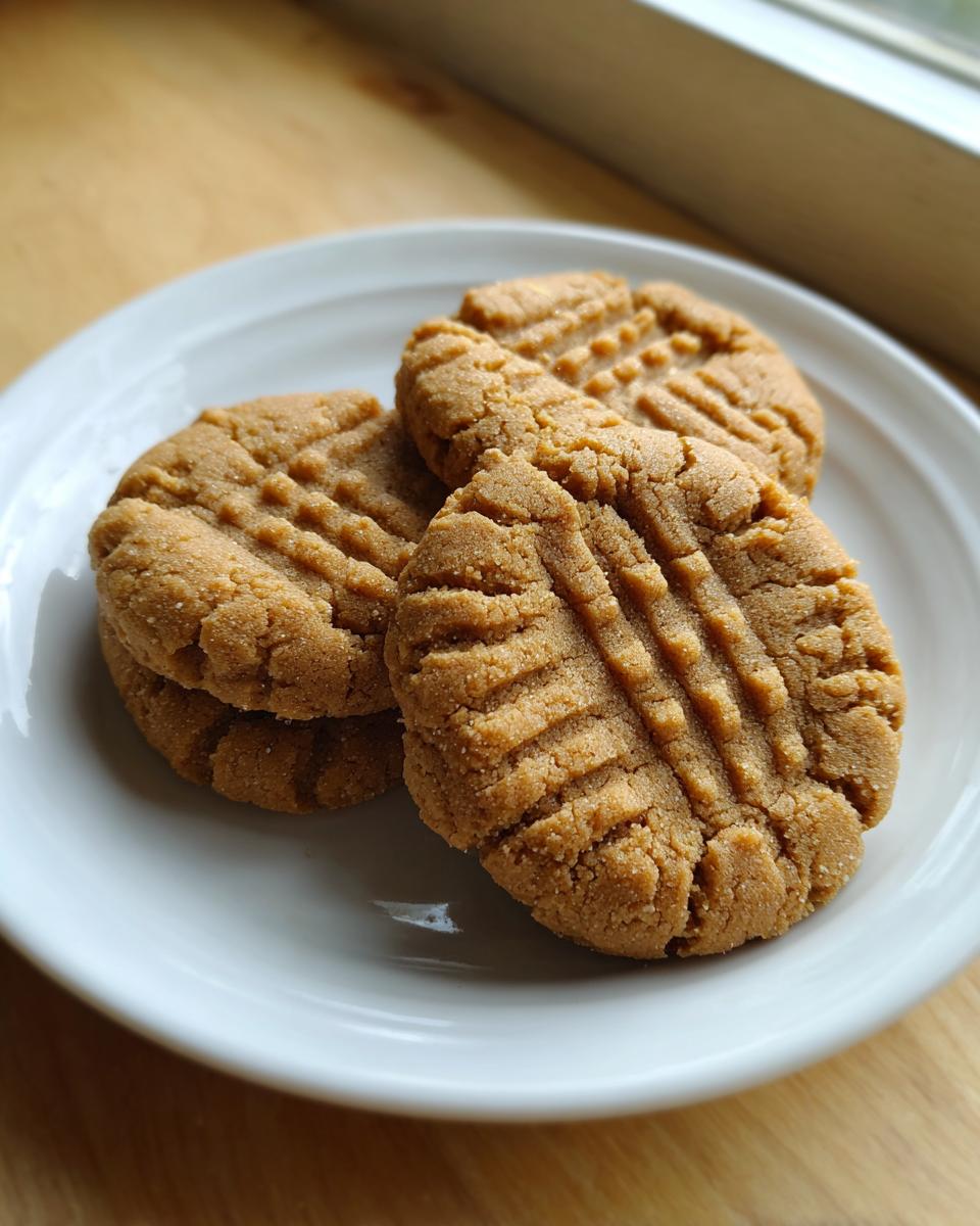 A close-up of three golden brown peanut butter cookies with classic crosshatch fork marks, stacked slightly on a white plate.