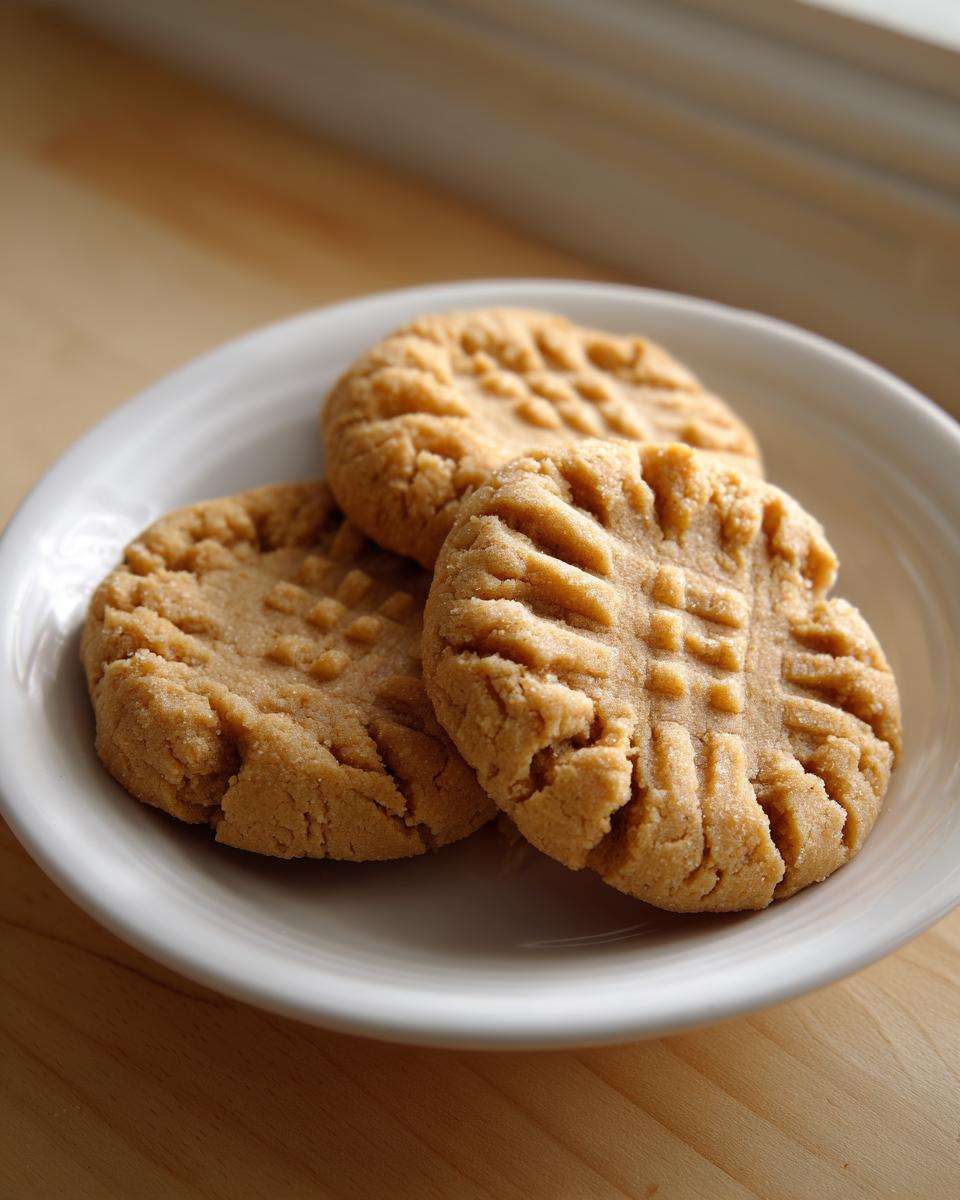Three classic peanut butter cookies with the traditional criss-cross fork marks resting on a small white plate.