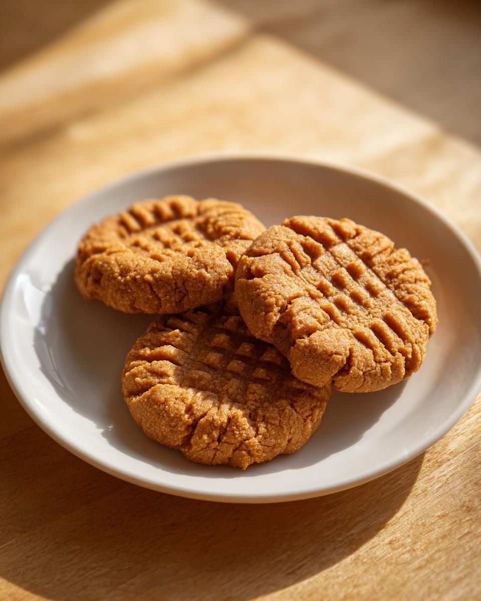 Three golden brown peanut butter cookies with classic crosshatch fork marks, resting on a small white plate.