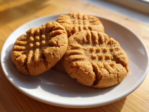 Three golden brown peanut butter cookies with classic crisscross fork marks resting on a white plate.