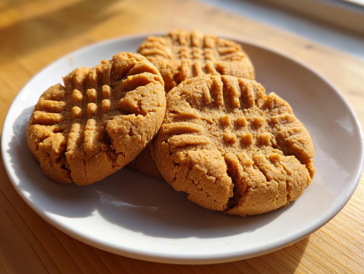 Three golden brown peanut butter cookies with classic crisscross fork marks resting on a white plate.