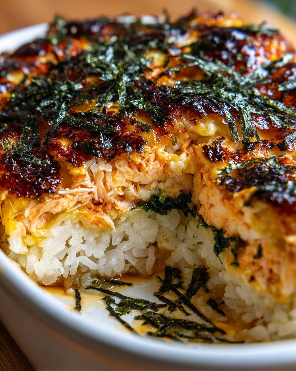 A close-up cross-section view of a baked sushi bake showing layers of white rice, salmon mixture, and a browned, cheesy top sprinkled with shredded nori.
