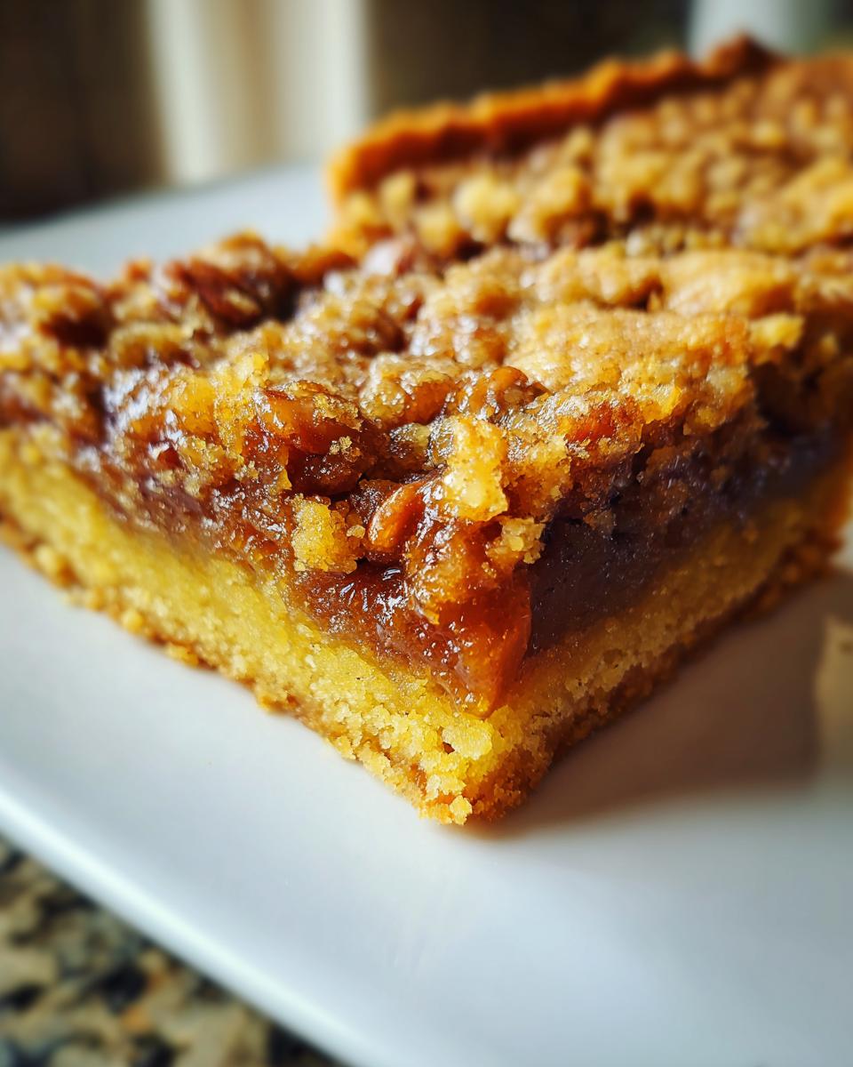 A close-up, macro shot of a freshly cut slice of pecan pie bars showing the buttery crust and gooey pecan topping.