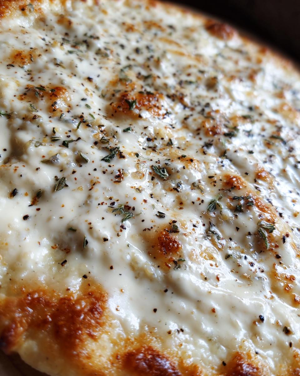 Extreme close-up of a baked pizza crust generously covered in creamy white pizza sauce, sprinkled with black pepper and dried herbs.