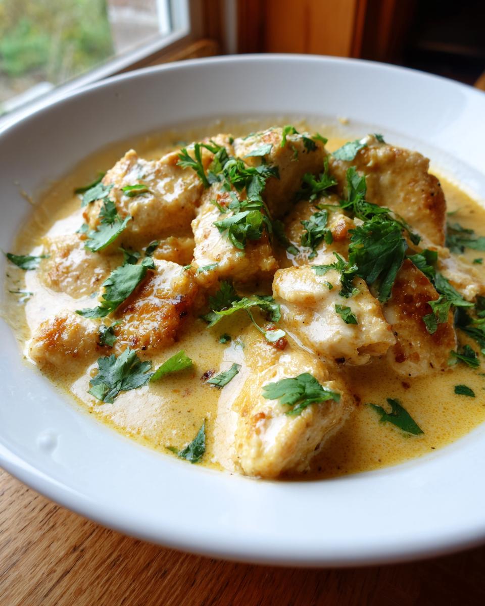 Close-up of tender pieces of coconut chicken served in a creamy yellow sauce and garnished with fresh cilantro.