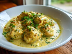 Close-up of tender pieces of coconut chicken served in a creamy yellow sauce and garnished with fresh cilantro.