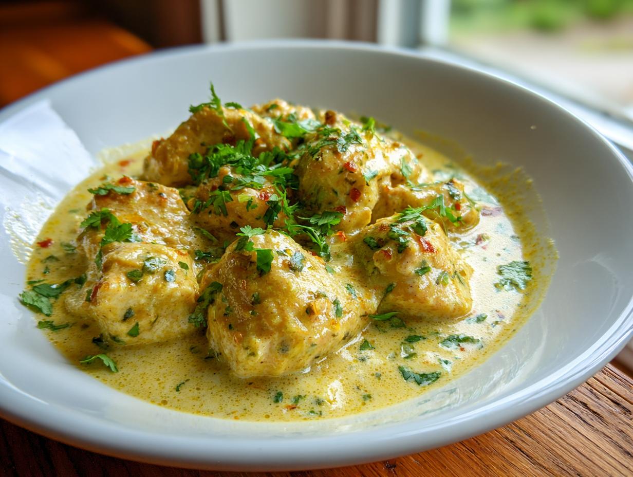 Close-up of tender pieces of coconut chicken served in a creamy yellow sauce and garnished with fresh cilantro.
