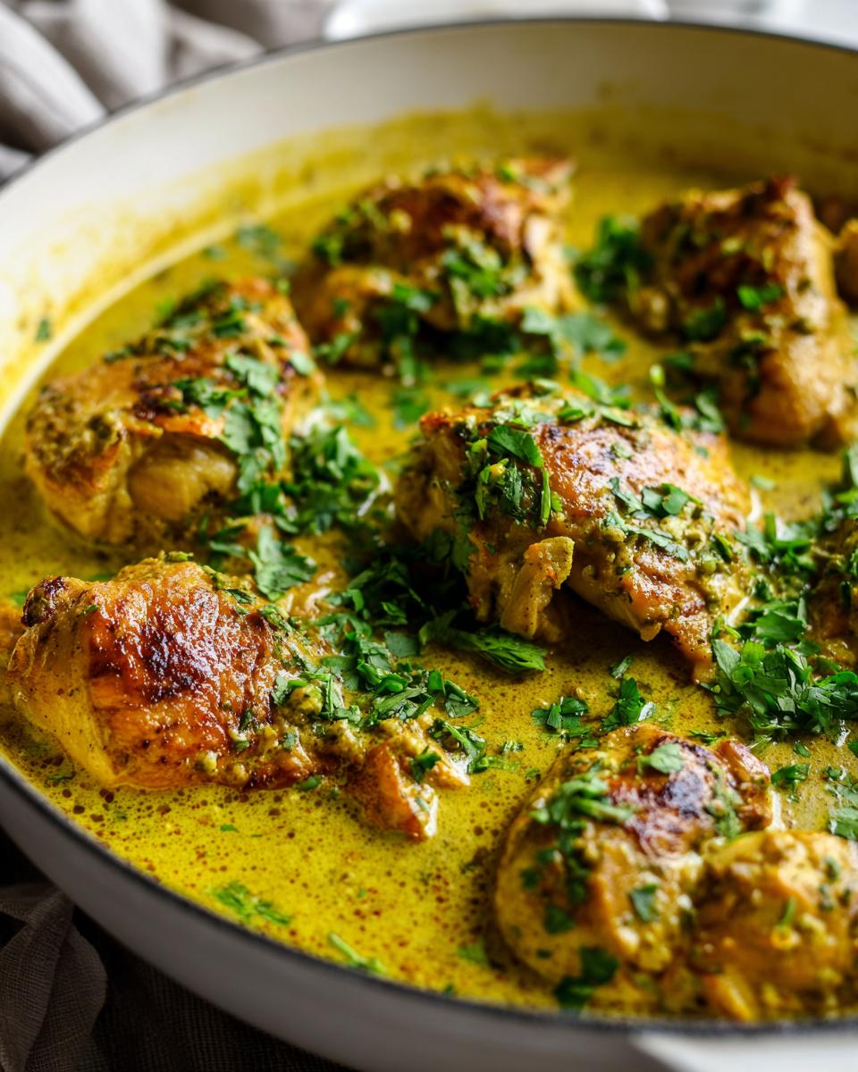 Close-up of seared chicken thighs simmering in a rich, yellow coconut lime chicken sauce, topped with fresh cilantro.