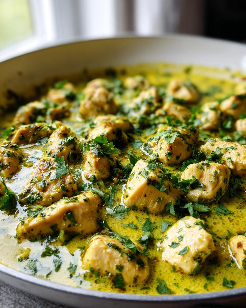 Close-up of tender chunks of coconut lime chicken simmering in a bright yellow, creamy sauce and topped with fresh green cilantro.