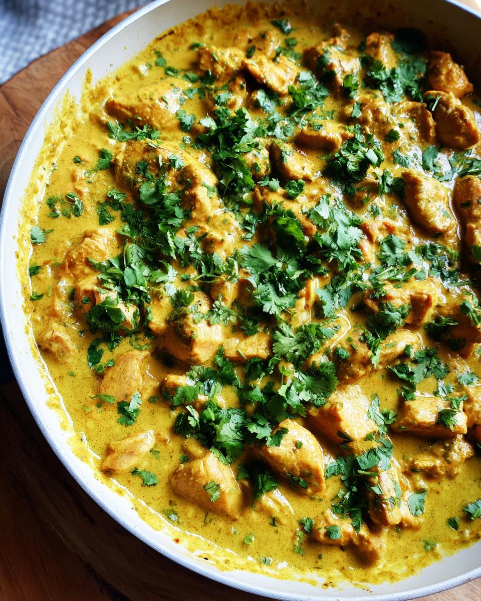 Close-up of creamy, yellow coconut lime chicken pieces garnished generously with fresh cilantro.