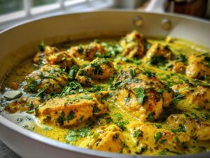 Close-up of golden chicken pieces simmering in a rich, yellow coconut lime chicken sauce, garnished with fresh cilantro.