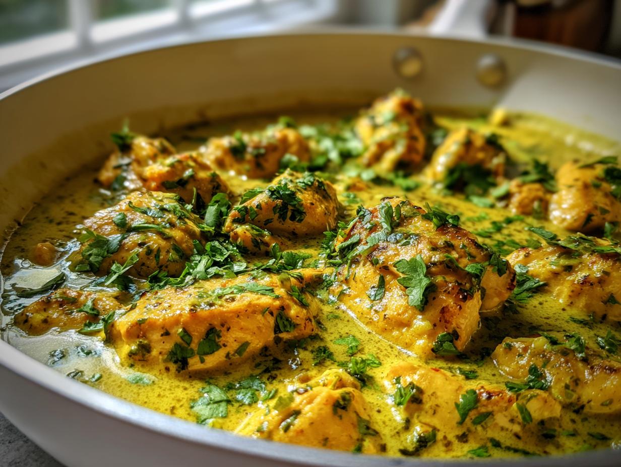 Close-up of golden chicken pieces simmering in a rich, yellow coconut lime chicken sauce, garnished with fresh cilantro.