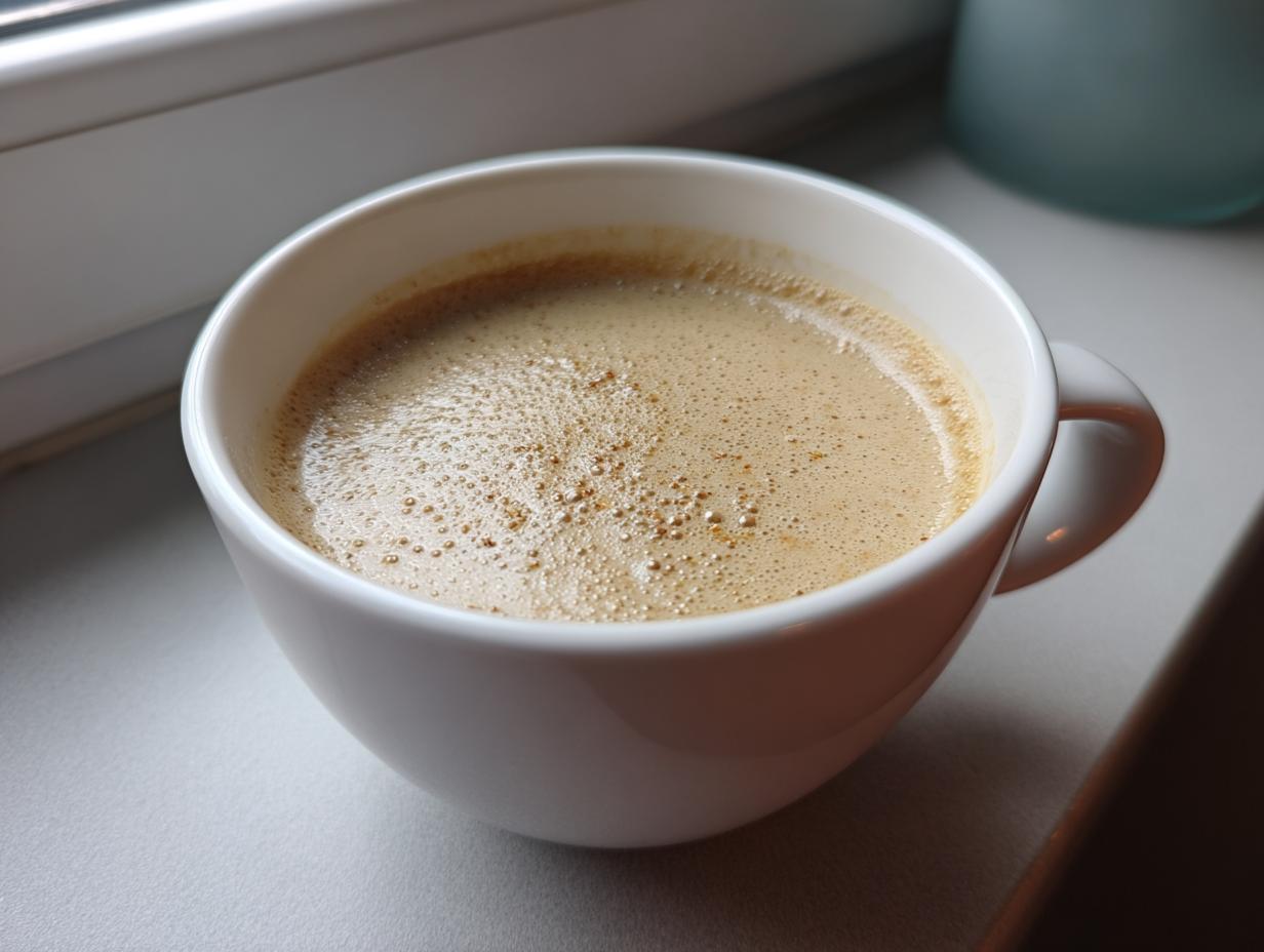 A white mug filled with coffee, suggesting a break while preparing roasted cauliflower soup.