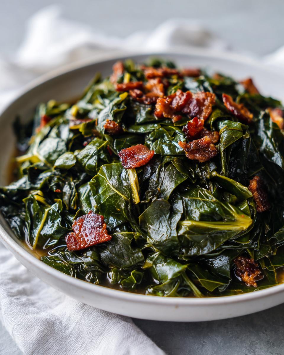 A close-up of tender, dark green collard greens swimming in pot liquor and topped with crispy bacon pieces.