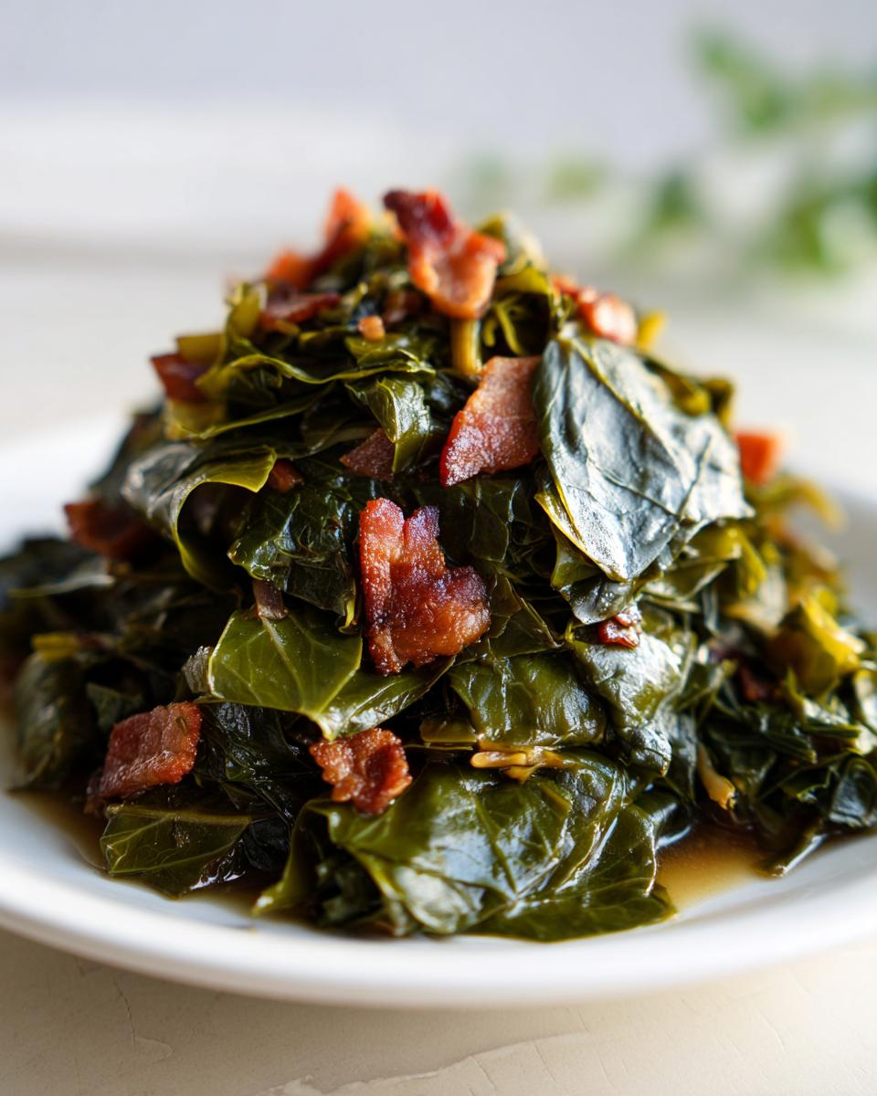 A mound of tender, braised collard greens topped with crispy pieces of bacon served on a white plate.