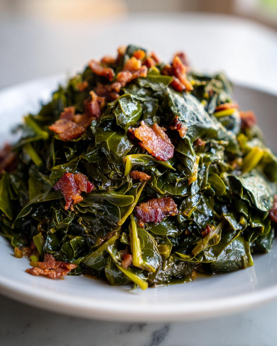 A close-up of tender, braised collard greens served on a white plate and topped generously with crispy bacon pieces.