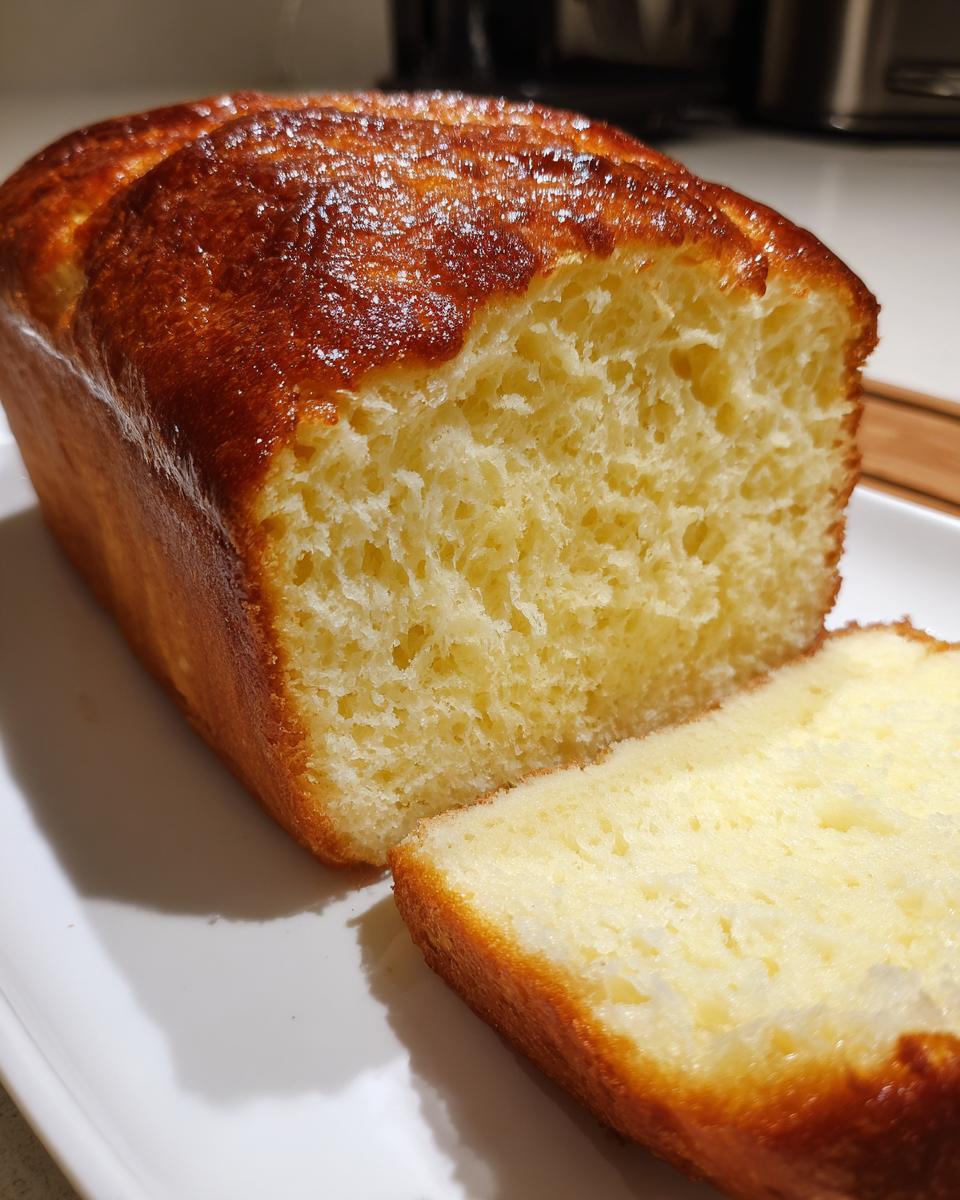 Close-up of a freshly baked loaf of condensed milk bread, showing a golden, shiny crust and a soft, yellow crumb.