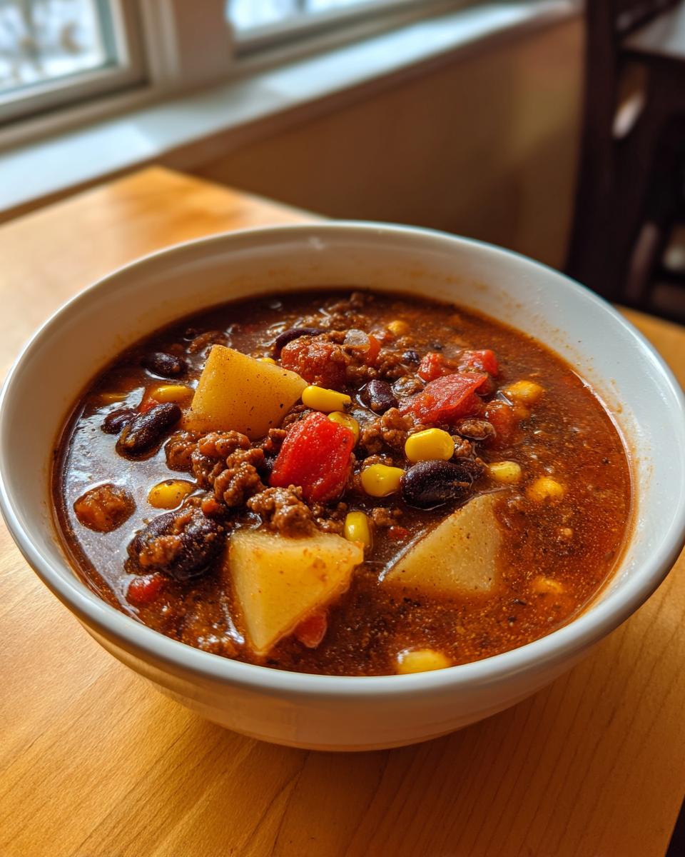 Close-up of a white bowl filled with rich, dark cowboy soup containing ground beef, potatoes, black beans, corn, and tomatoes.